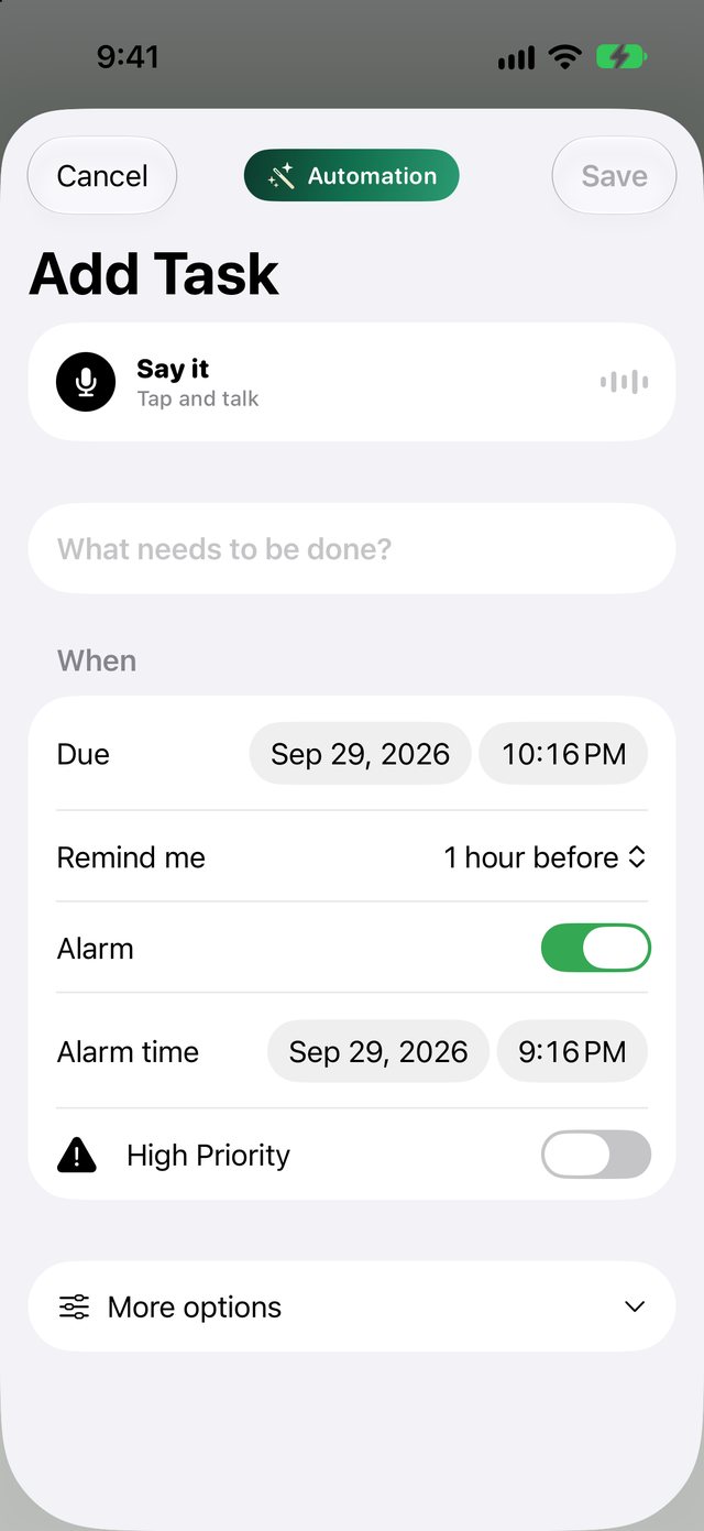 Eminder's Add Task screen with a due date, a reminder one hour before and an alarm switched on.
