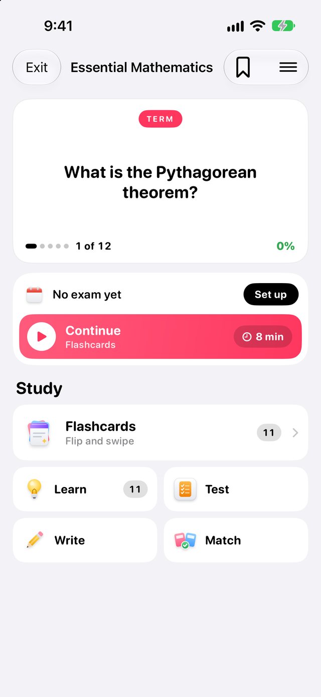 A flashcard deck in Eminder with Flashcards, Learn, Test, Write and Match.