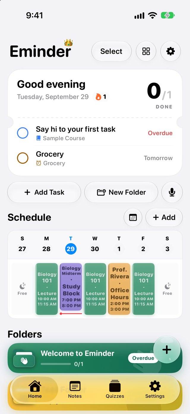 Eminder's Home screen showing today's tasks, the week's schedule and course folders.
