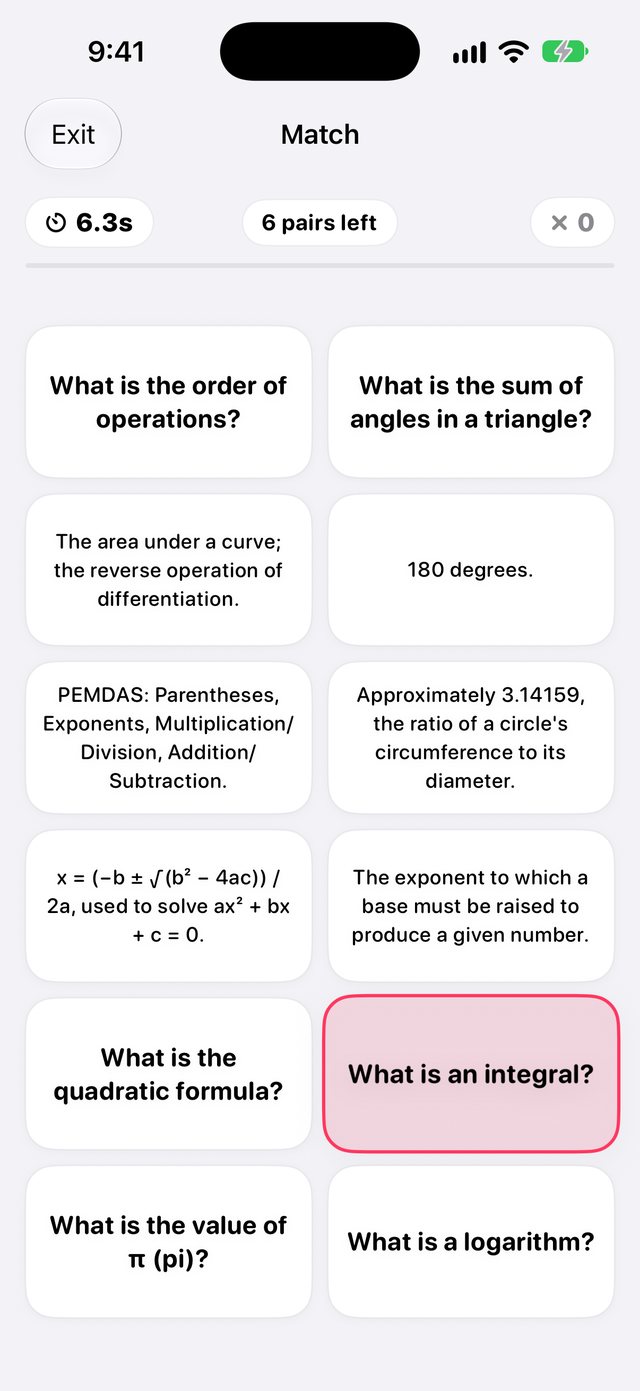 Match mode in Eminder, pairing math terms with their meanings.