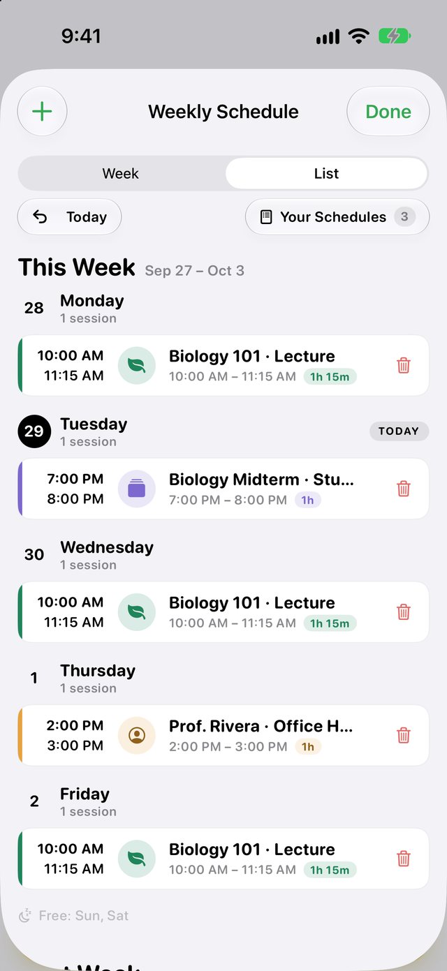 Eminder's weekly schedule listing lectures and office hours by day.